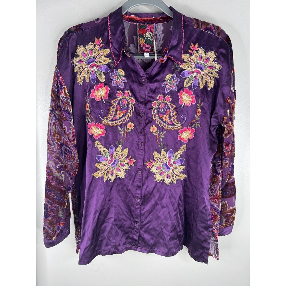 NWT Johnny Was The Slim Audrey Embroidered Floral Burnout Shirt Size S Purple - Picture 4 of 11